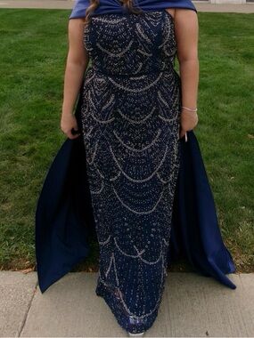 Elegant Navy Beaded Evening Gown with Capelet